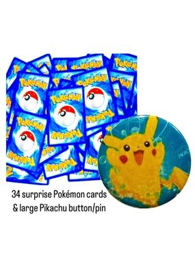 34 Assorted Pokemon Cards & Large Pikachu Button/Pin
